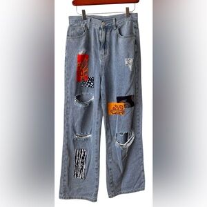 Cider Womens Patch Distressed Boot Cut Jeans  Boho Light Wash Medium